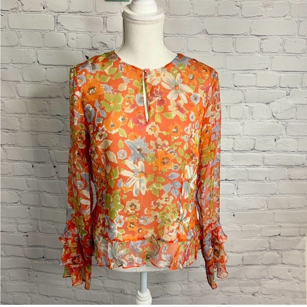 WORTH Floral Orange Silk Boho Blouse Top 12